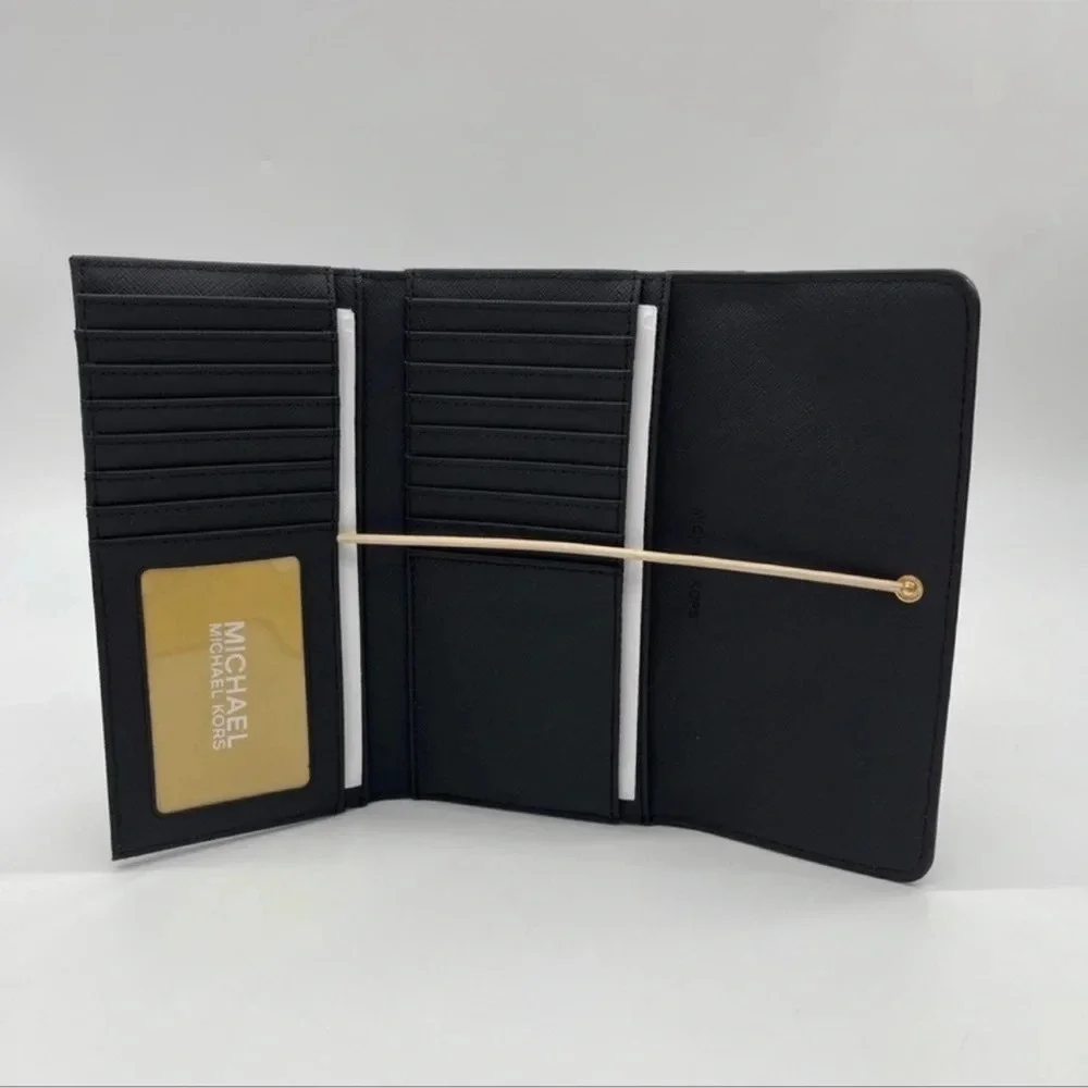 Michael Kors Large Trifold Wallet Black Leather Rich Black/Gold